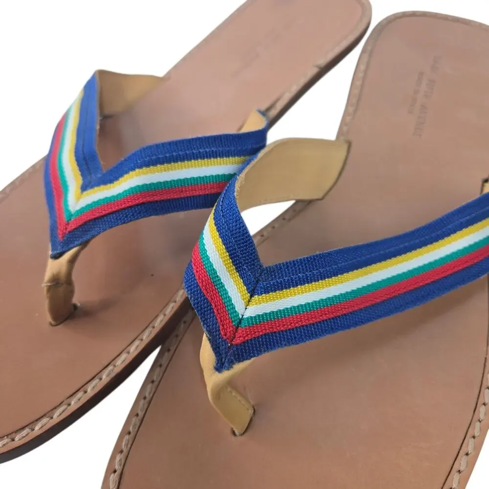 Saks Fifth Avenue Leather Flip Flops Striped Ribbon Thong Sandals 11M Spain - Picture 3 of 7